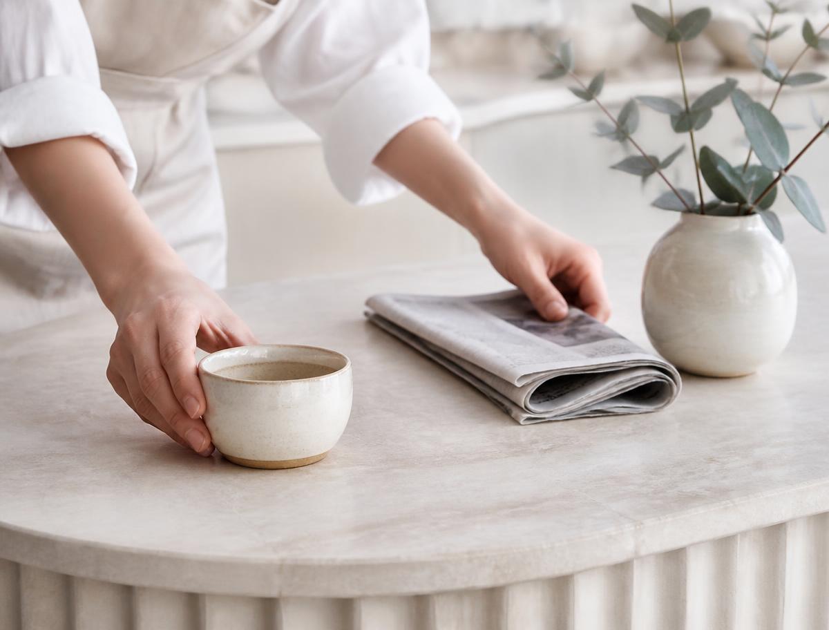 Coffee and a folded newspaper set down on a stone counter