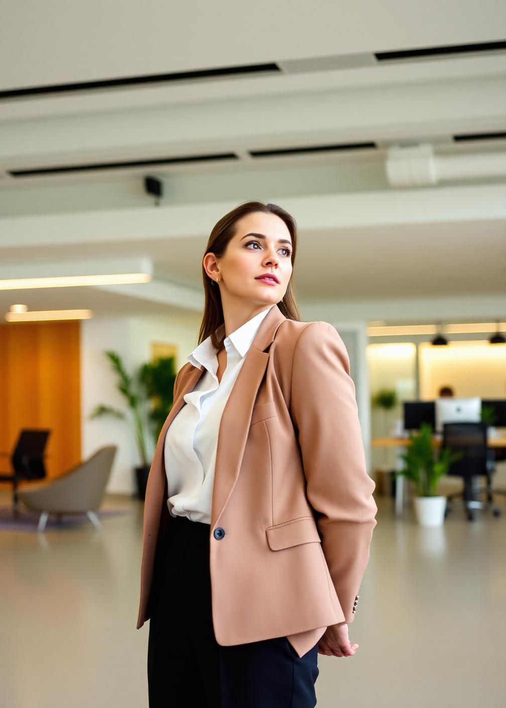A professional standing in a contemporary workspace reception in soft daylight