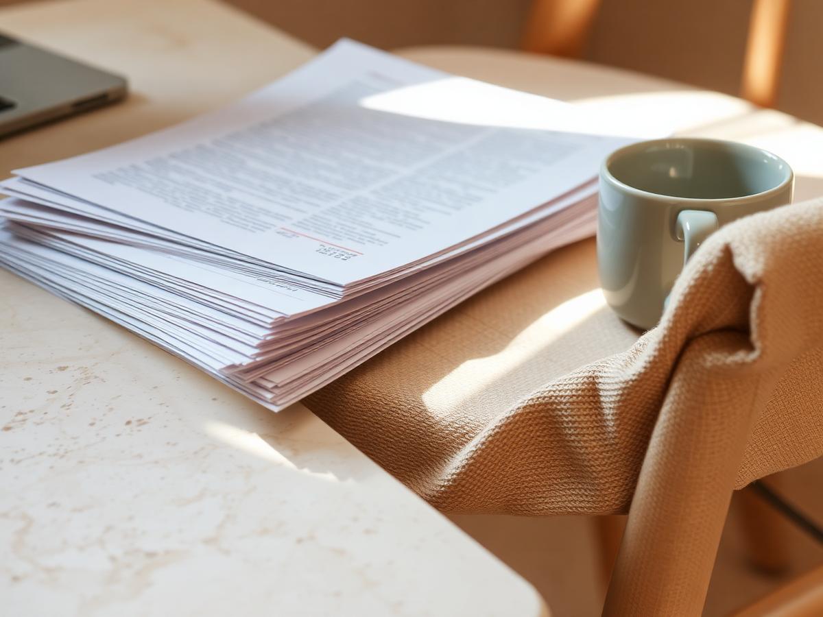 Papers, a cup and a linen chair in soft morning light