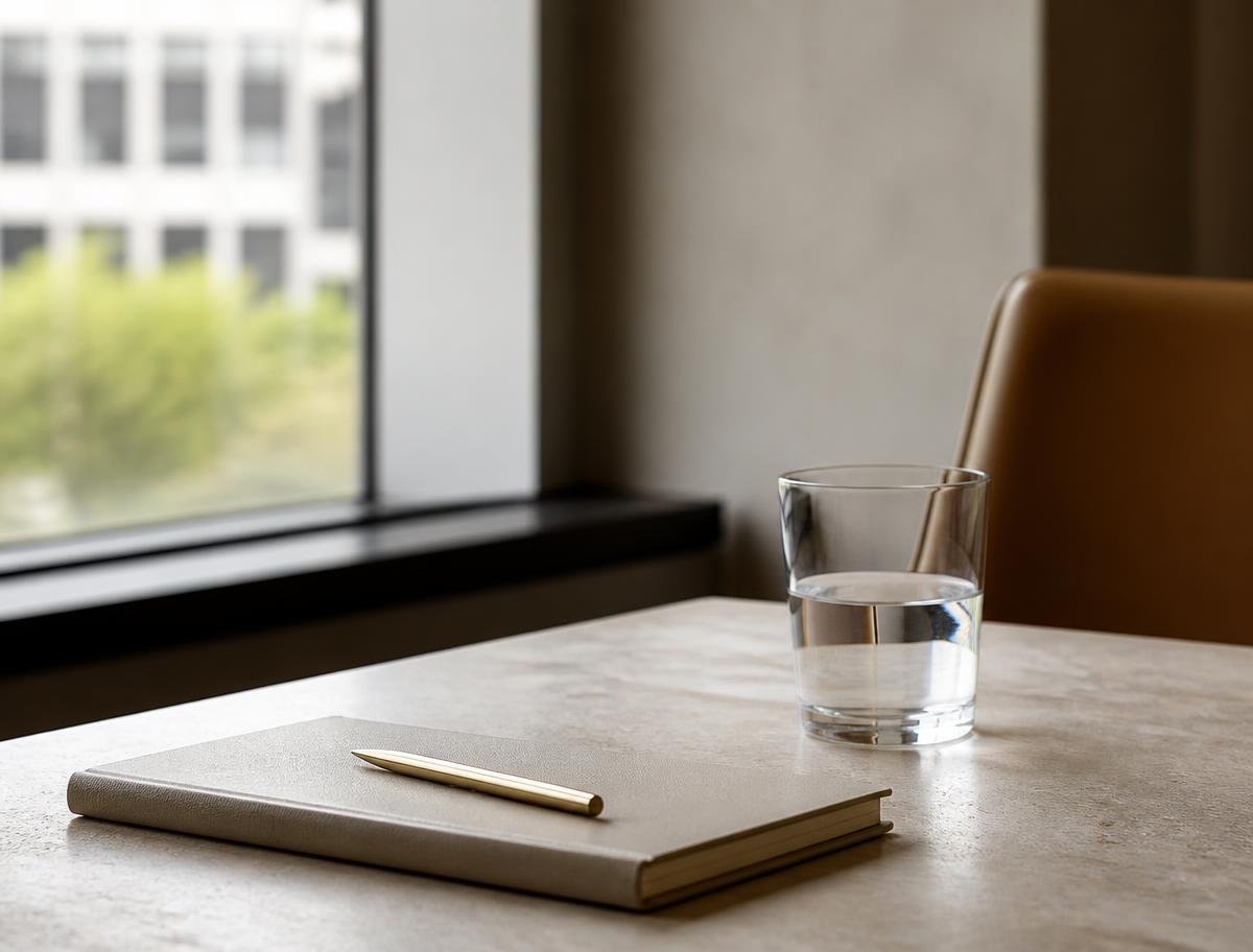 Notebook, pen and a glass of water on a stone table by a window