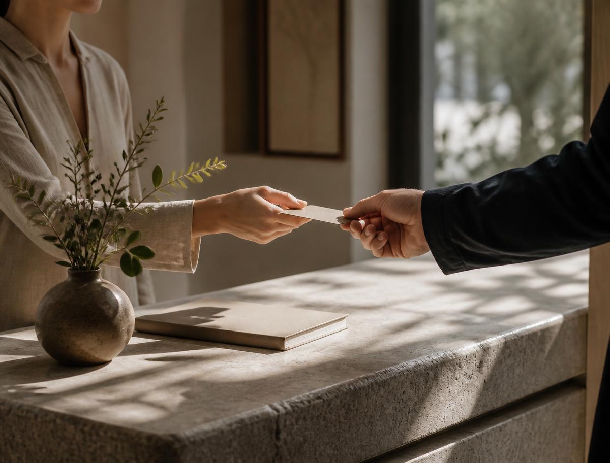 A visitor pass being handed across a stone reception counter