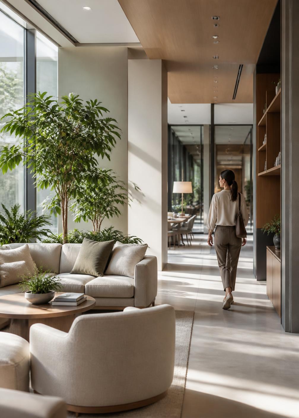 Bright serviced office lounge with linen seating and greenery